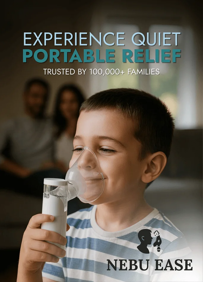 Woman finding quiet relief with the Nebu Ease Portable Nebulizer at home.